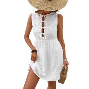 Coolmee Women Summer Sleeveless Mini Dress Tie Front Hollow Out Eyelet High Waist A Line Swing Short Party Dresses - 1 of 4