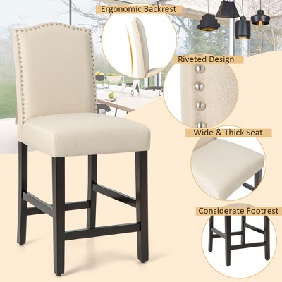 Set of 2 Beige Upholstered Nailhead Bar Stools with Wood Legs