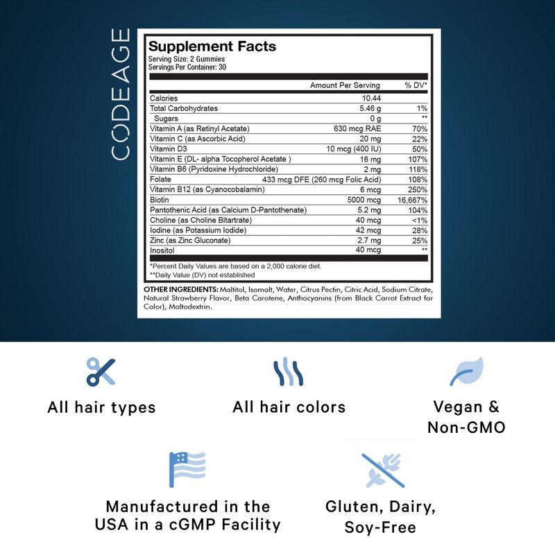 Codeage Hair Gummies, Biotin, Vitamin C, Inositol, Zinc, Folic Acid, Sugar-Free Supplement - 60ct, 3 of 10