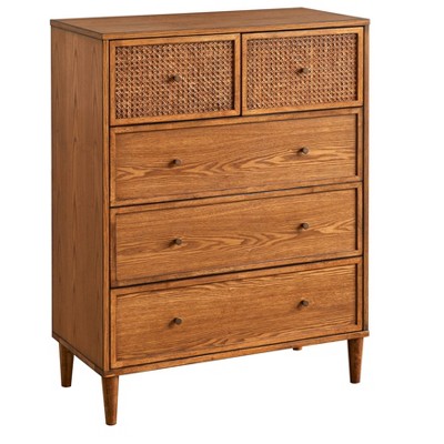 Lifestorey Maxwell 5 Drawer Mid-Century Modern Chest with Natural Cane/Blonde Oak