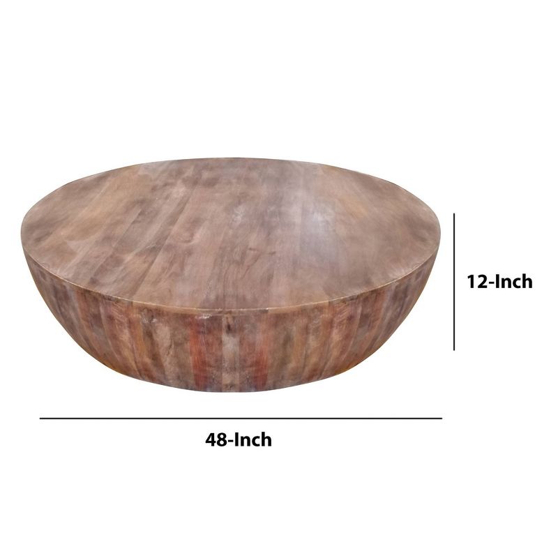 Handcarved Drum Shape Round Top Mango Wood Distressed Wooden Coffee Table Brown - The Urban Port, 4 of 8