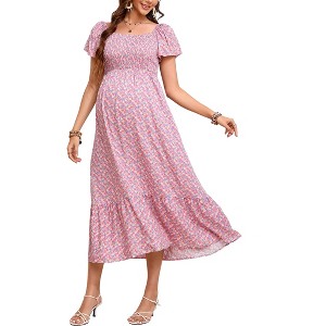 Coolmee Women Maternity Summer Casual Maxi Dress Sleeveless Square Neck Smocked Ruffle Floral Boho Beach Cute Long Sundress - 1 of 1