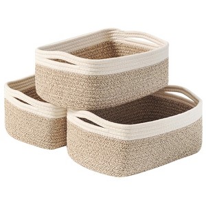 Aoibox Small Woven Storage Baskets Set of 3 Decorative Off White Brown Organizer Bins for Shelves Nursery 13x8.5x5.1 - 1 of 4