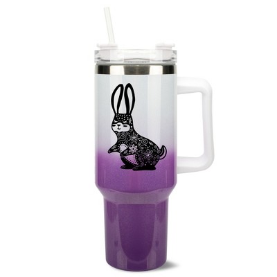 Elanze Designs 40 Ounce Ombre Travel Tumbler With Straw and Lid Stainless Steel Double Wall Insulated Gentle Floral Rabbit White and Purple Glitter