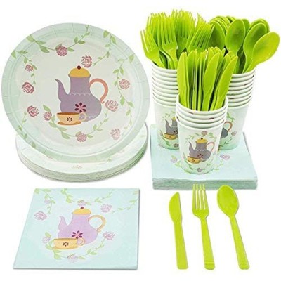 Blue Panda 144-Piece Serves 24 Tea Party Supplies - Disposable Plates, Napkins, Cups & Cutlery