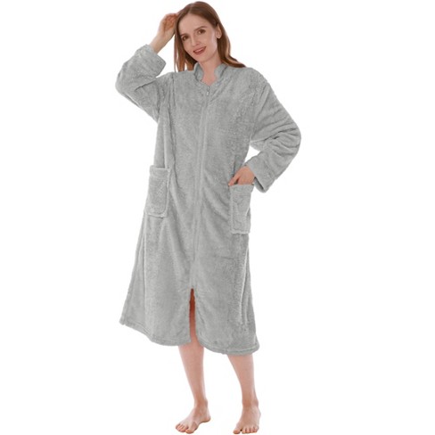 Women's Long Robe Hooded Bathrobe Zipper Up Duster Full Length Solid Pocket  Housecoat Sleepwear