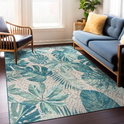 Blue Floral Synthetic Rectangular 5' x 7' Washable Rug