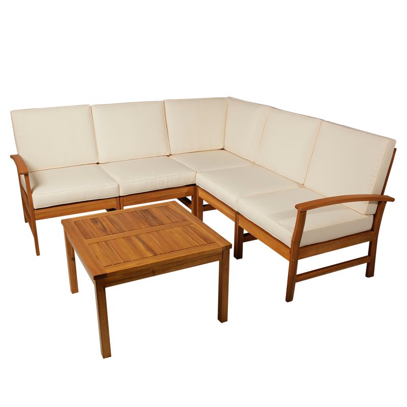 Outsunny 6 Piece L Shape Garden Sofa Set Solid Acacia Wood Garden Furniture Set with a Coffee Table for Yard and Bistro, 1 of 9