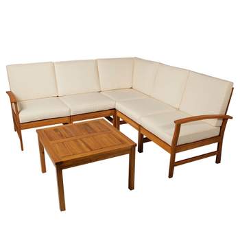 Outsunny 6 Piece L Shape Garden Sofa Set Solid Acacia Wood Garden Furniture Set with a Coffee Table for Yard and Bistro