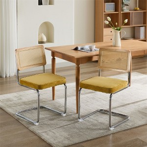Modern Dining Chairs Set of 2, Velvet Accent Chairs with Natural Cane Back, Stainless Chrome Base, Upholstered Rattan Kitchen Chairs for Dining Room - 1 of 4