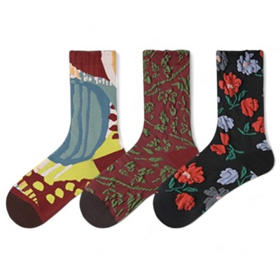 Alilang Women's 3-Pack Patterned Crew Socks with Vintage Embroidered Floral and Abstract Prints