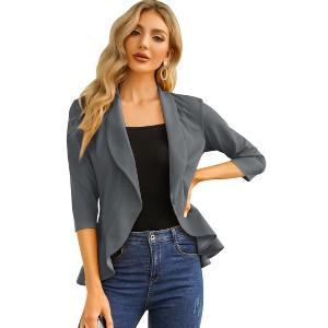 Coolmee Women's Casual Blazers 3/4 Sleeve Open Front Lightweight Cardigan Drape Ruffles Work Office Suit Blazer Jackets - 1 of 4