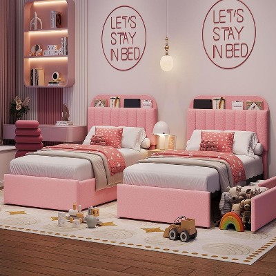 Queen Bed Frame with Storage Headboard, 2 Drawers, Upholstered Platform, Bookcase, No Box Spring Needed