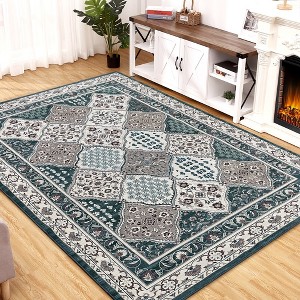 Vintage Tiled Area Rug Washable Persian Floral Rug Non-Slip Low Pile Rug - 1 of 4
