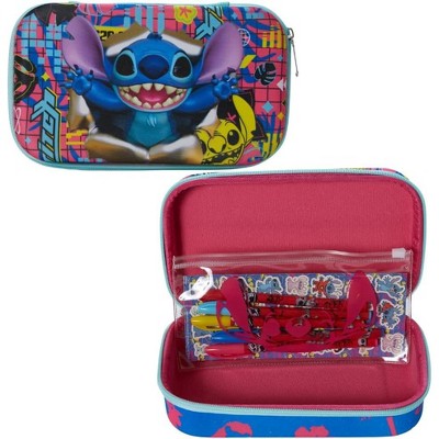 Disney Lilo & Stitch Pencil Case Set with Stickers and Gel Pens for Kids, Molded with Zip Closure, Blue