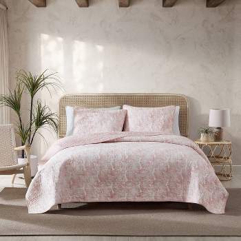 Tommy Bahama 3pc Full/Queen Distressed Water Leaves Cotton Quilt Set Pink Coral