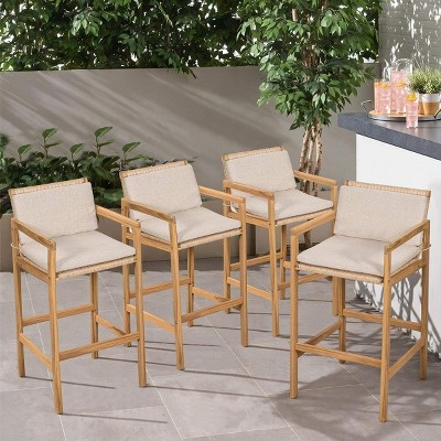 Acacia Wood Frame Rattan Woven Bar Stools,Outdoor Barstools with Cushions,Rustic Patio Bar Chairs for Garden or Deck-Coolbibila