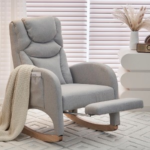 Cotton Linen/Teddy Fabric Nursery Rocking Chair, Upholstered Accent Chair With Adjustable Footrest 4W -ModernLuxe - 1 of 4