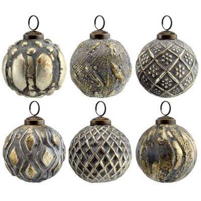 AuldHome Design Farmhouse Ball Christmas Ornaments, 6pc Set; Distressed Metal Ball Vintage Mercury Glass Style Rustic Holiday Decorations