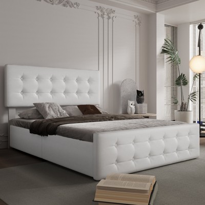 Bed Frame with 4 Storage Drawers, Linen Upholstered Platform Bed Frame with Wooden Slats Support, Button Tufted Design