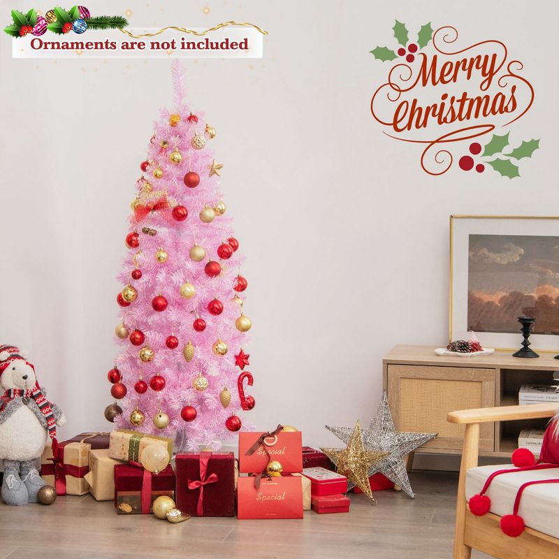 Costway 5 FT/6FT/7FT Pre-lit Christmas Tree Hinged Pencil Xmas Decoration with 190/250/350 LED Lights Pink, 3 of 11