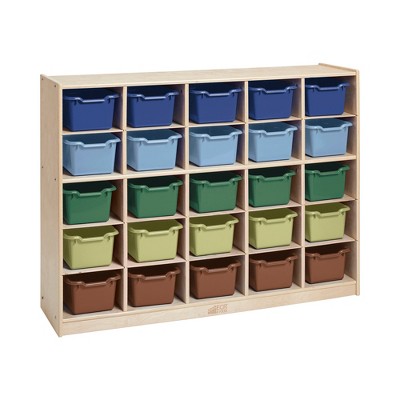 ECR4Kids 25 Cubby Mobile Tray Cabinet with Scoop Front Storage Bins, Natural