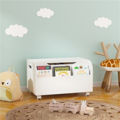 SKRAN Wooden Toy Box, Kids Toy Storage Organizer with Front Bookshelf, Flip-Top Lid, Safety Hinge,Toy Chest Bench for Playroom Kids Room