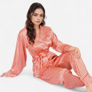Anna-Kaci Lounge Women's Printed Satin Pajama Set with Long Sleeve Wrap Top Self-Tie Waist and Full-Length Relaxed Fit Lounge Pants - 1 of 4