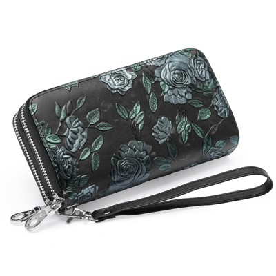 BEAFUP Women's Wallet,Creative Floral PrintLarge Capacity Double Zip Leather Wallet,RFID Blocking and Wristlet,(Random Print)