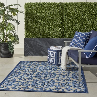 Aloha Contemporary Scroll 5'3" Round Blue/Grey Outdoor Rug
