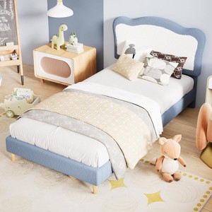 GustoWave Upholstered Bed Frame for Children with Scalloped Headboard, Comfy Velvet Single Bed, No Slatted Base Needed - 1 of 4