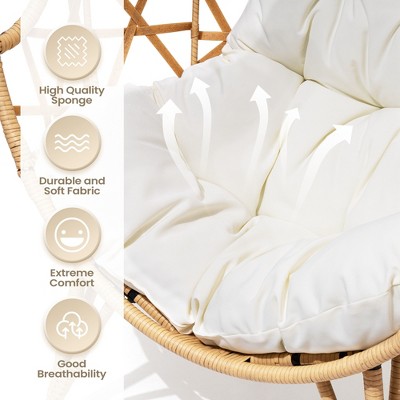 Beige Wicker Egg Chair with Metal Frame and Cushions