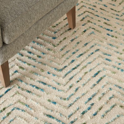 Artisanal Chevron Ivory & Green Hand-Tufted Wool Rug 5' x 7'