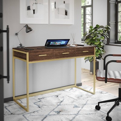 Walnut and Brass Modern Home Office Desk with Drawers