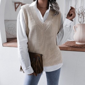 Women's Sweater Vest V Neck Relaxed Fit Knit Vest Sleeveless Casual Sweater Waistcoat - 1 of 4