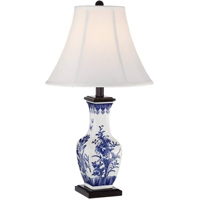 Barnes and Ivy Asian Accent Table Lamp Ceramic Blue Floral Vase White Bell Shade for Living Room Family Bedroom Bedside Nightstand