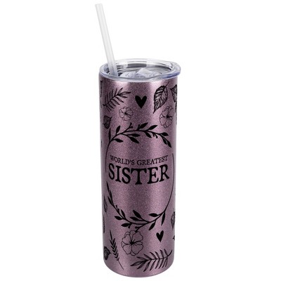 Elanze Designs Floral Rose Gold 20 Ounce Double Wall Stainless Steel Glitter Travel Tumbler With Sliding Lid And Straw, World's Greatest Sister