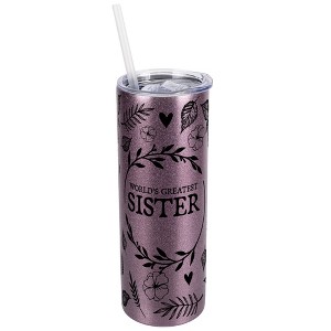 Elanze Designs Floral Rose Gold 20 Ounce Double Wall Stainless Steel Glitter Travel Tumbler With Sliding Lid And Straw, World's Greatest Sister - 1 of 4