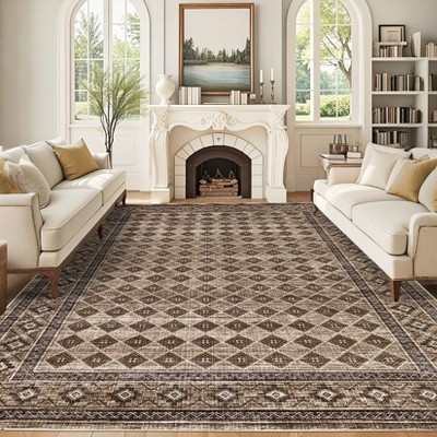 Washable Area Rugs Modern Bordered Floor Cover, Non-Slip Geometric Accent Carpet, Stain-Resistant Low Pile Indoor Mat