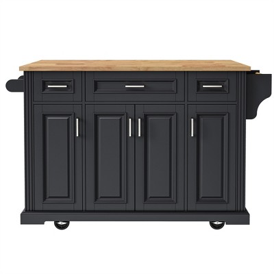 OUTSUPPLY Large Rolling Kitchen Island with Drop Leaf, Rubber Wood Top, Locking Wheels, Embossed Vintage Style Cart for Kitchen