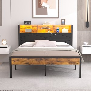 VECELO Upholstered Twin/Full/Queen Size Bed Frame, Metal Frame Platform Bed with Charging Station, Storage Headboard with LED & USB Outlets, Brown - 1 of 4