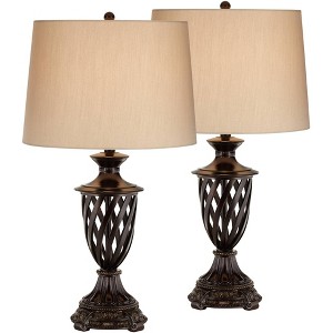 Barnes and Ivy Trellis 29 1/2" Tall Open Urn Traditional End Table Lamps Set of 2 Brown Bronze Finish Metal Beige Shade Living Room Bedroom Bedside - 1 of 1