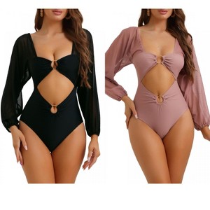 INSPIRE CHIC Women's Cut Out Ring Plunge Neck Shirred Long Sleeves Mesh Tummy Control Monokini Swimsuit 2 Sets - 1 of 4