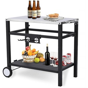 Outdoor BBQ Prep Table with Wheels, 2 Shelf Mobile Grill Cart with Hooks, Iron/Stainless Steel Top Options - 1 of 4