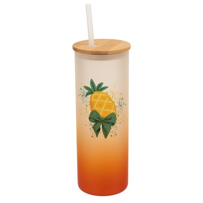 Elanze Designs 25 Ounce Frosted Glass Gradient Travel Tumbler With Straw and Wooden Lid, Pineapple Orange