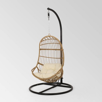 Crumpton Outdoor Wicker Hanging Chair with Stand - Brown/Beige - Christopher Knight Home