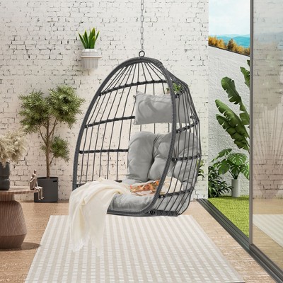 Okak Outdoor Rattan Egg Swing Chair with Cushion,Patio Wicker Hanging Chair,Woven Hammock Swing Chair for Patio,360LBS Capacity