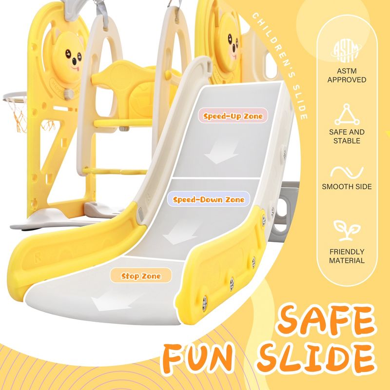 5-in-1 Kids Slide, Playground Freestanding Climber and Toddler Slide Swing Playset with Basketball Hoop - ModernLuxe, 4 of 13