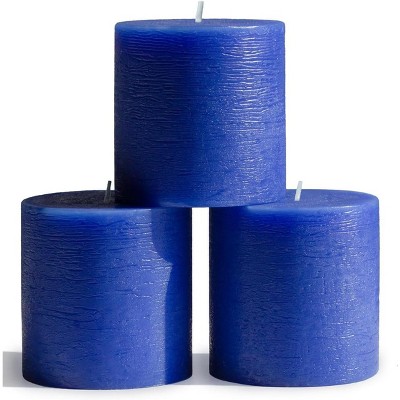 3x3 Pillar Candles Set of 3 - Rustic Unscented No Drip Blue Candles for Home Decor, Weddings, Centerpieces