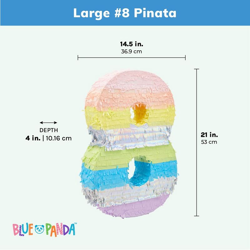 Blue Panda Large Number 8 Pinata for Kids 8th Birthday Party Decorations, Rainbow Pastel, 21 x 14.5 In, 4 of 8
